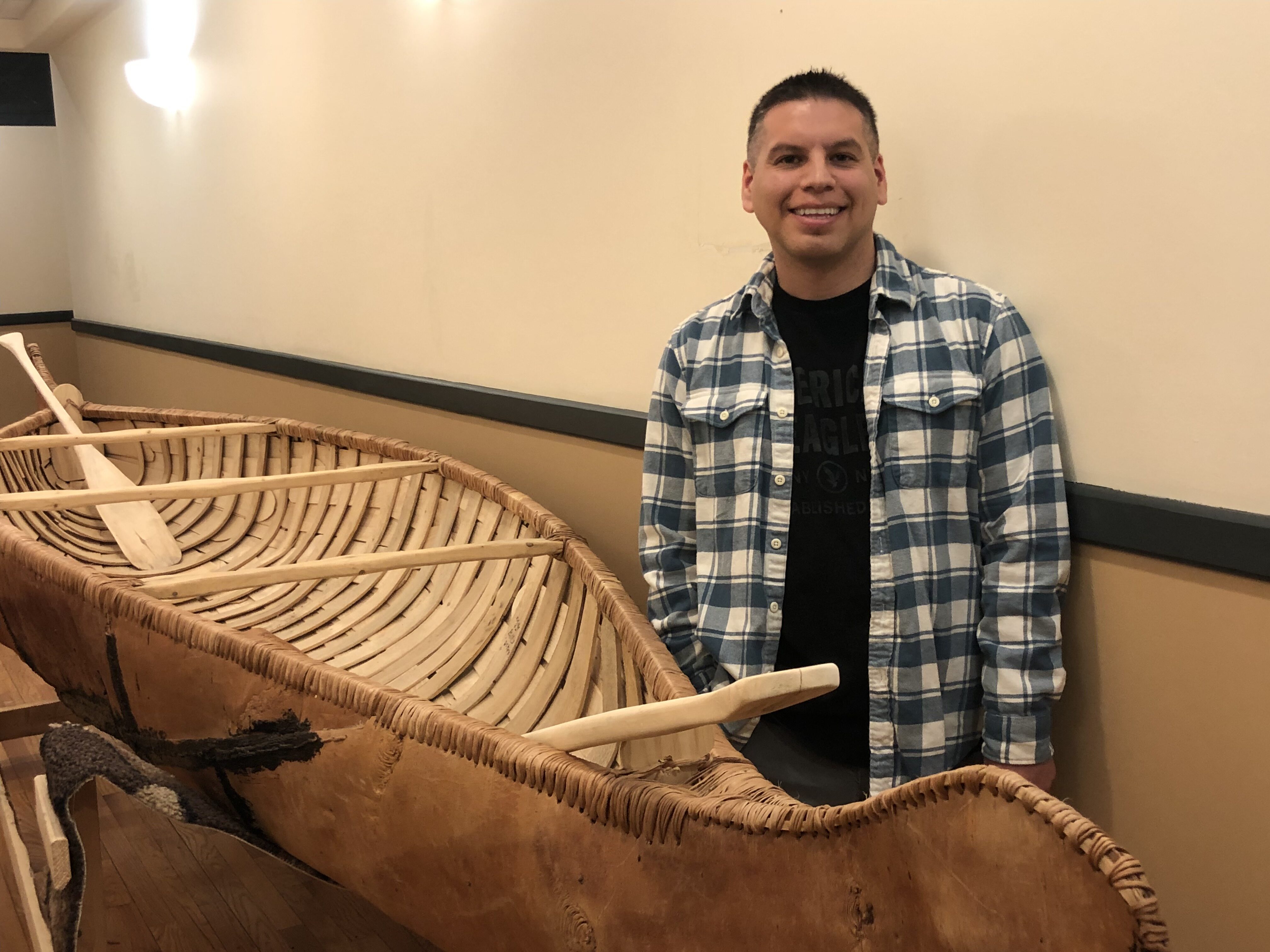 Noel Joe with the birch bark canoe